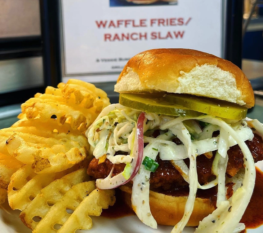 closeup of slider and waffle fries